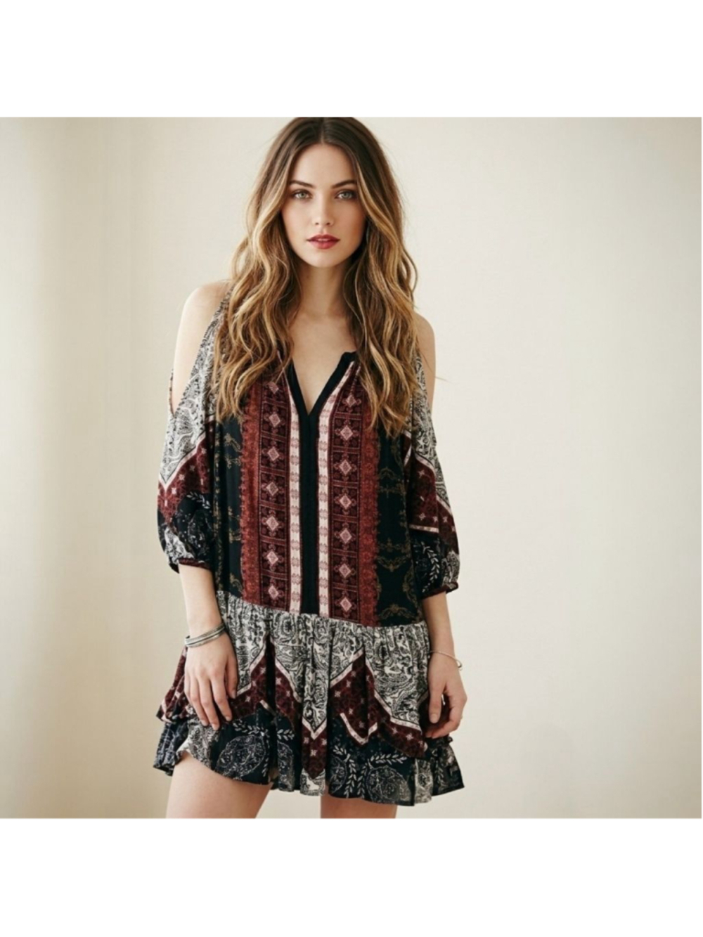 Free People XS Boho Patchwork Cold Shoulder Mini Dress Festival Whimsigoth